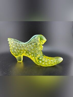Fenton Yellow uranium Hobnail Glass Shoe Figurine "I GLOW"
